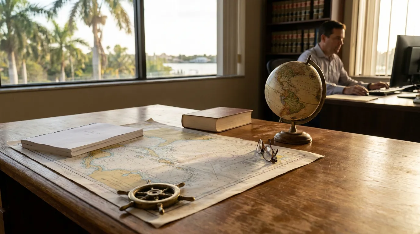 Maritime Lawyer Office Ft Lauderdale Cruise Jurisdiction Nautical map, ship wheel, globe, and law books on attorney's desk