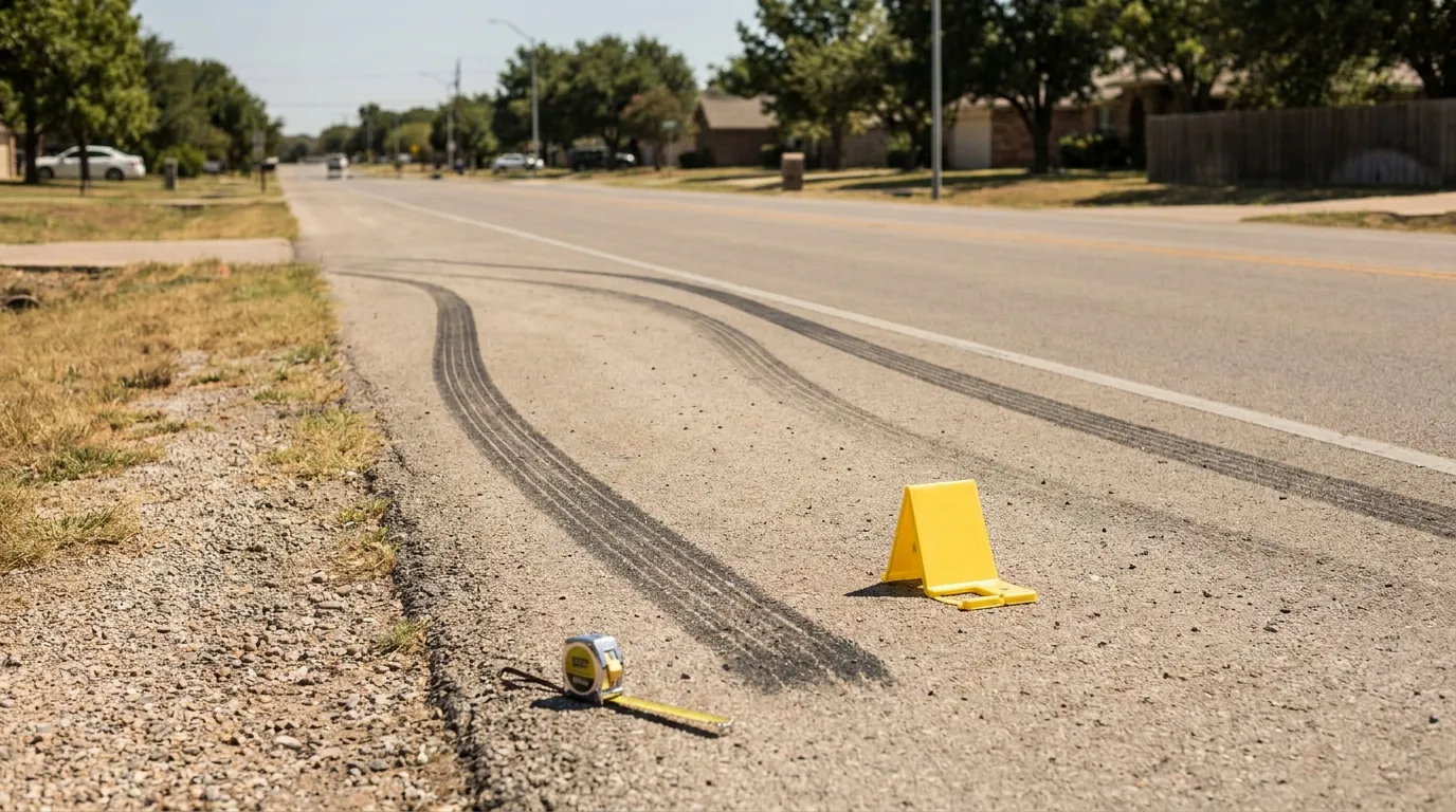 Skid Marks Accident Scene Newport Beach California Tire skid marks on roadway with evidence marker and measuring tape nearby