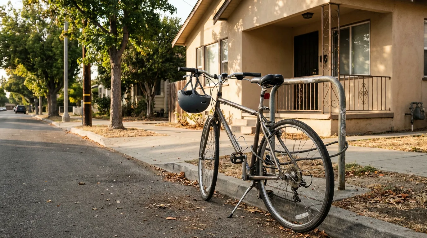 Bicycle With Helmet Parked Newport Beach California bicycle with helmet locked to railing outside residential home on sidewalk