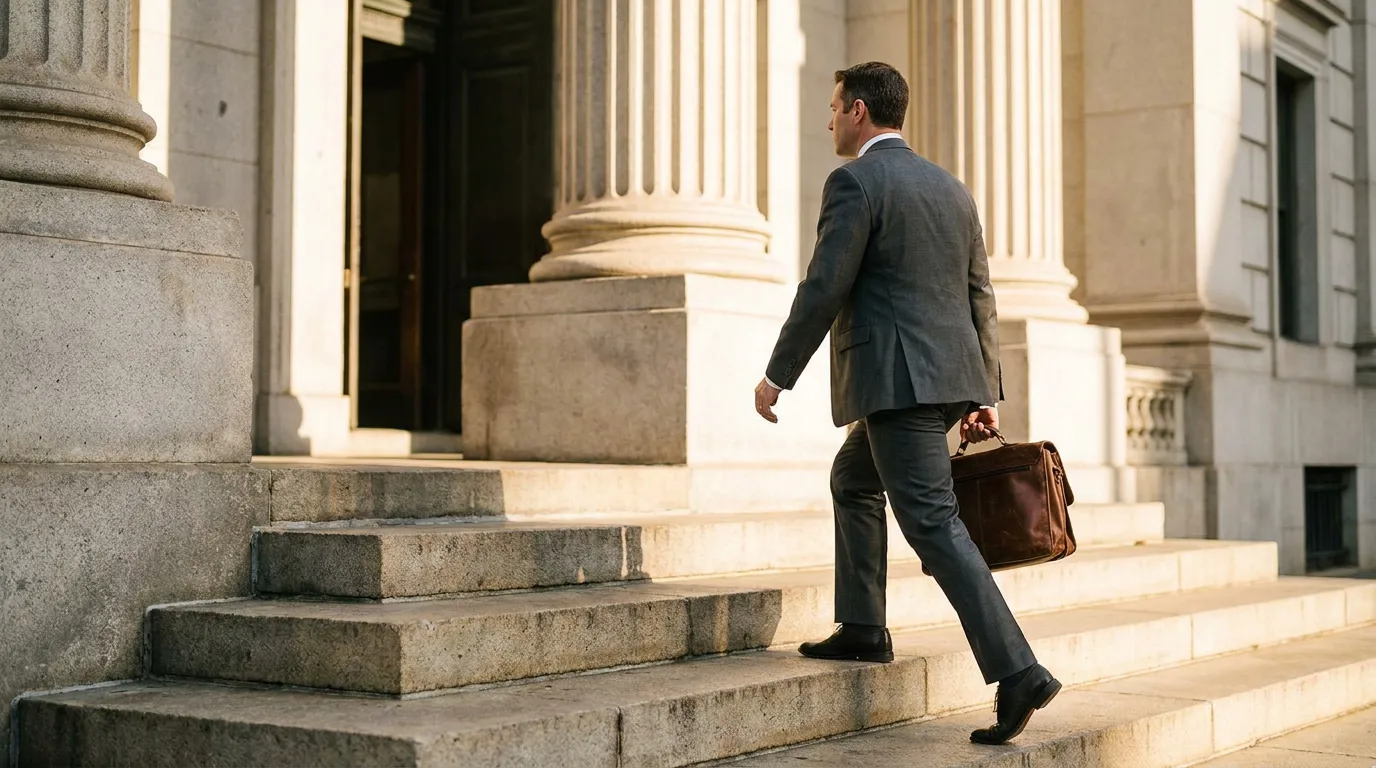 Newport Beach Personal Injury Attorney Entering Courthouse Attorney in suit carrying leather briefcase ascending courthouse steps past stone columns