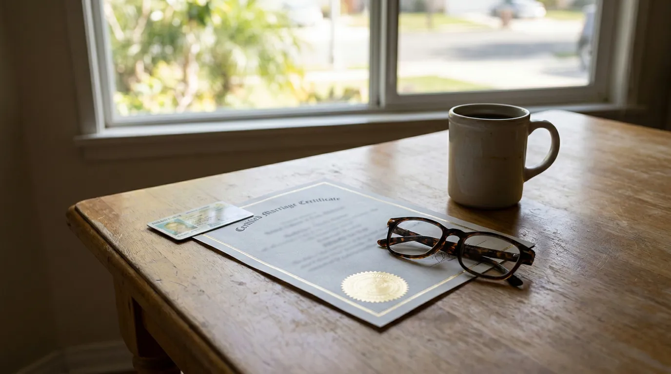 Certified marriage certificate with gold seal, ID card, and eyeglasses on table