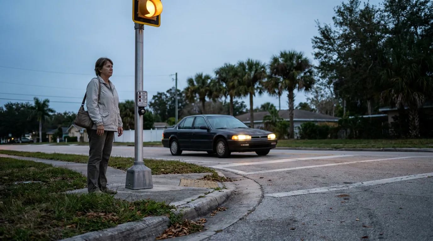 Pedestrian waits at crosswalk beacon as car approaches intersection during dusk hours