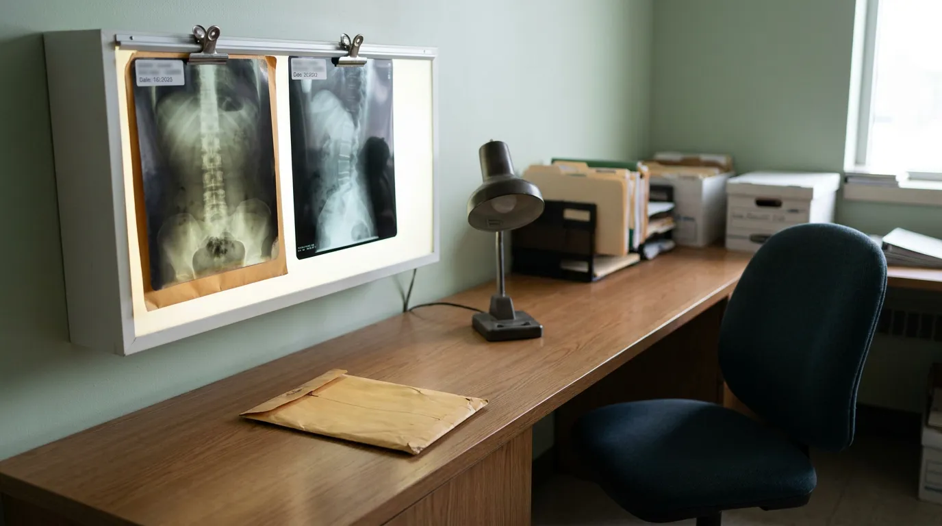 Ft Lauderdale Prior Medical Records Spine X-Rays Spine x-ray films displayed on lightbox beside desk with case folders
