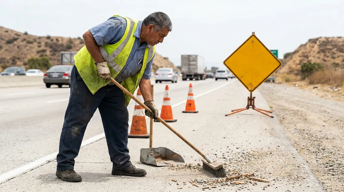 road worker in safety vest sweeping debris near traffic cones and warning sign