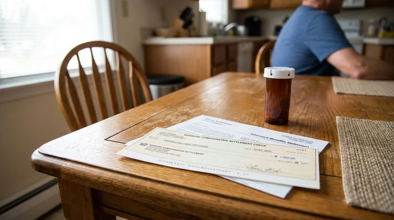 Workers' compensation settlement check and insurance benefits statement beside prescription bottle on table