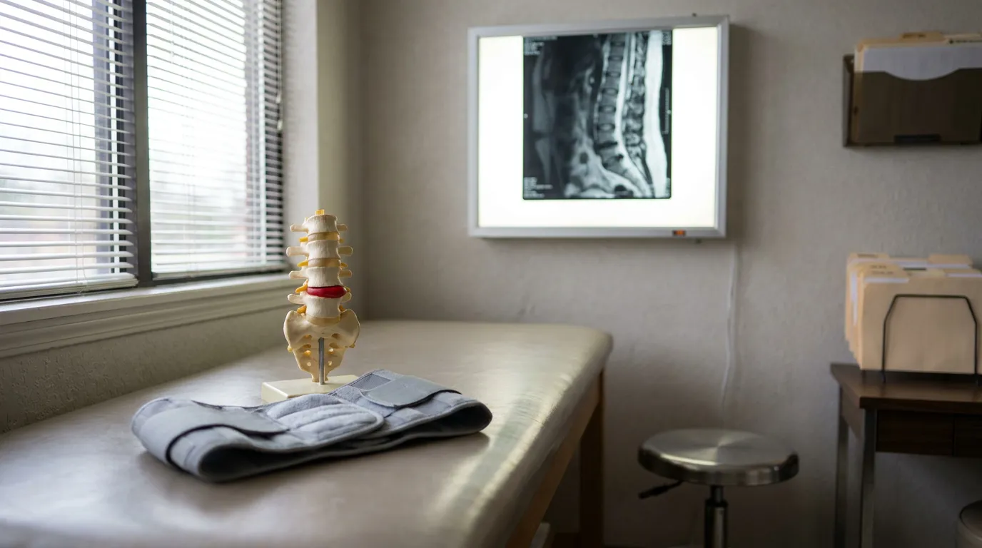 Spine Model And MRI Illinois Clinic Spine model and back brace on exam table beside illuminated spinal X-ray display