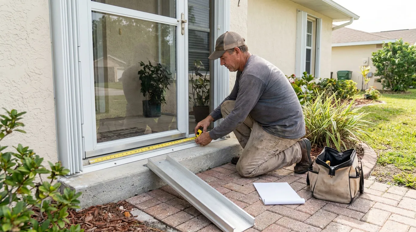 worker kneeling measures sliding glass door threshold with tape measure outdoors