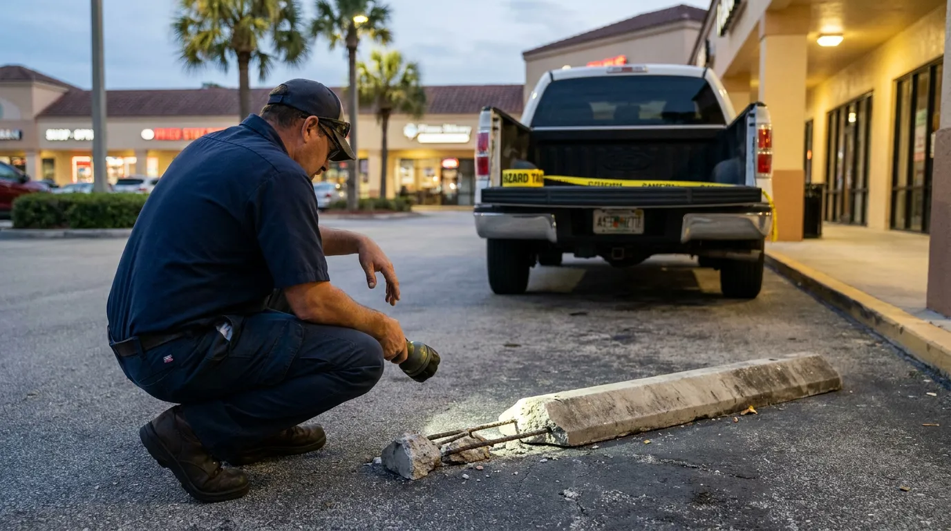 Florida Parking Lot Hazard Inspection Investigator examines broken concrete parking stop with exposed rebar near hazard tape