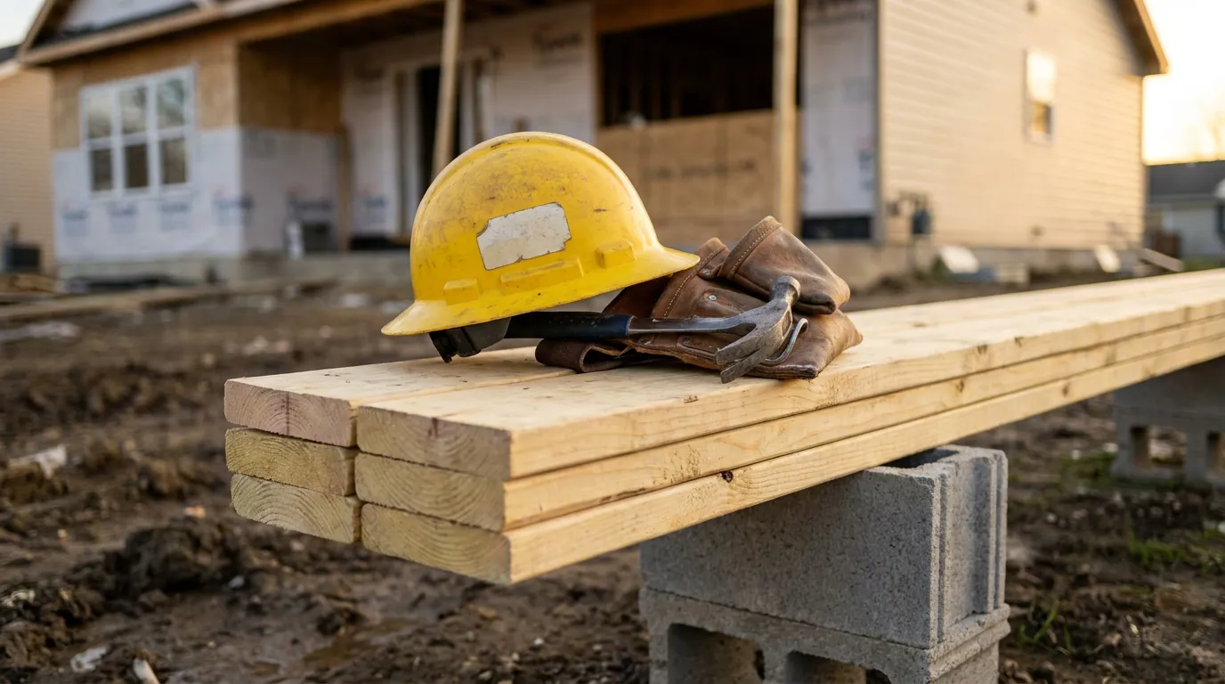 Illinois Construction Site Worker Safety Gear Hard hat, gloves, and hammer rest on lumber at construction site