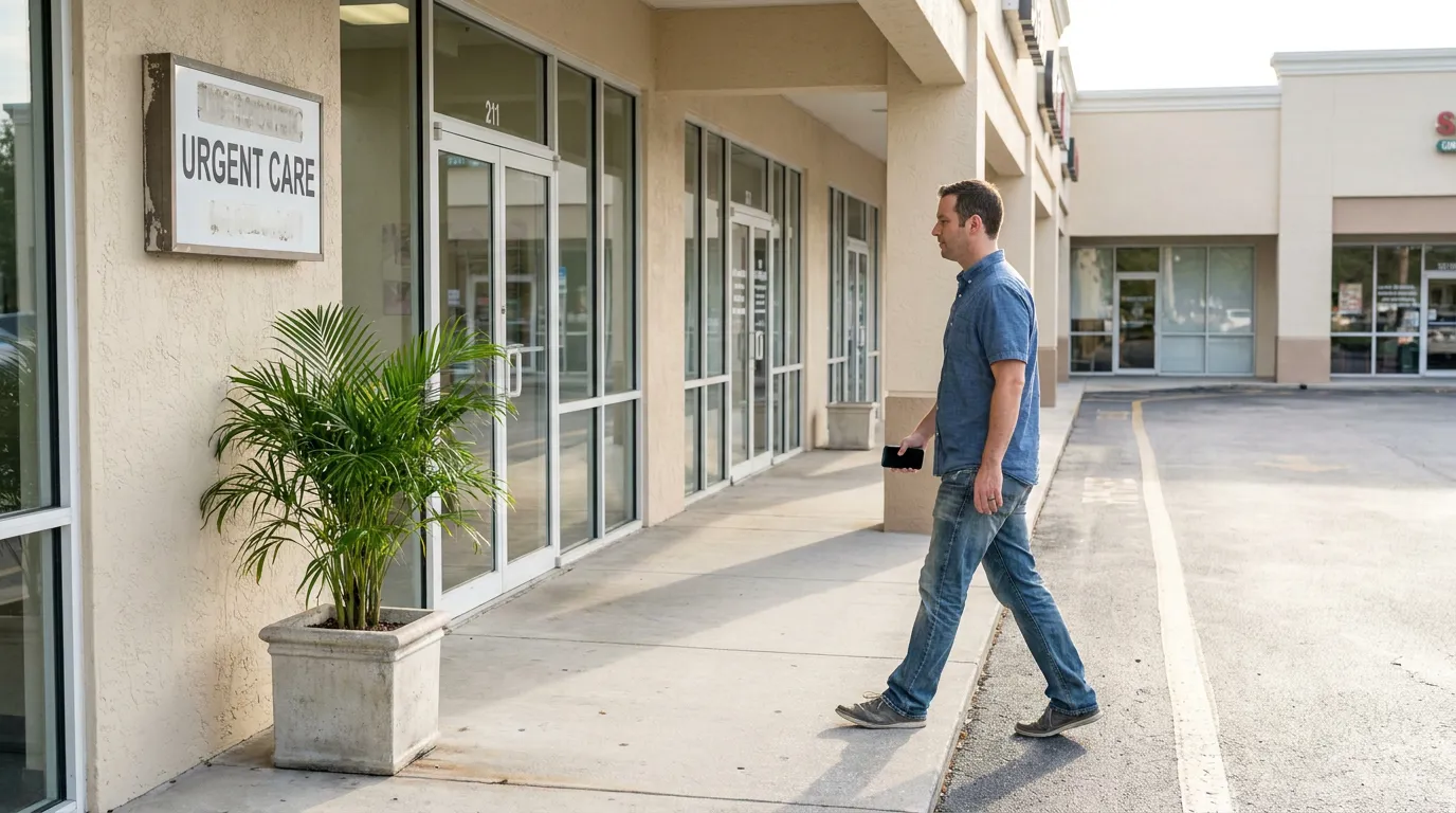 Man holding phone walks toward Urgent Care sign outside medical clinic entrance