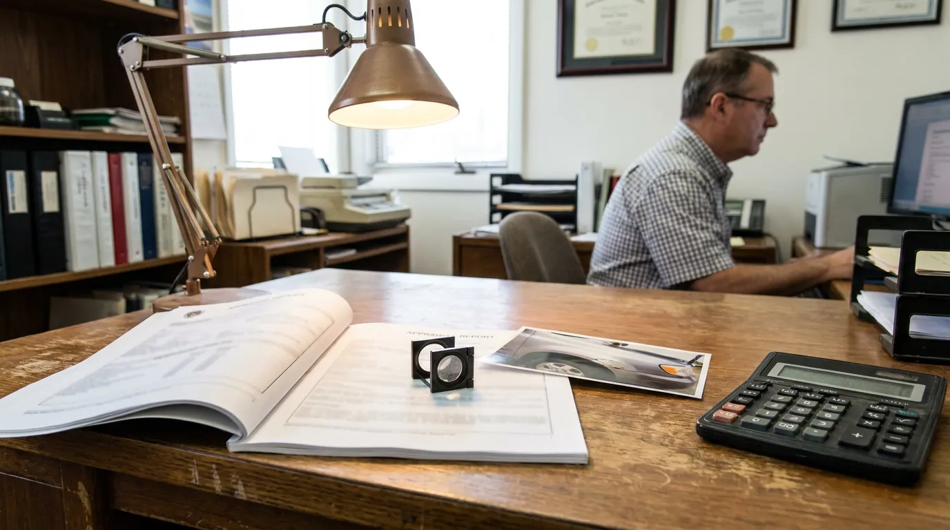 Illinois Diminished Value Claim Appraisal Report Appraisal report, loupe, and vehicle photo on desk beside calculator and lamp