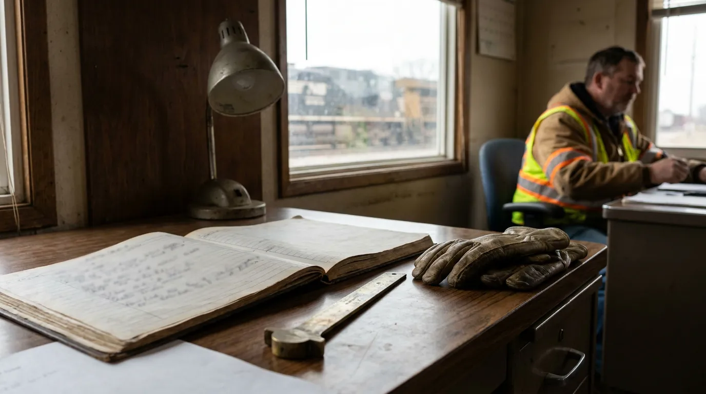 Illinois Railroad Worker Filling Out FELA Claim Report open ledger, work gloves, and desk lamp beside railroad worker in safety vest