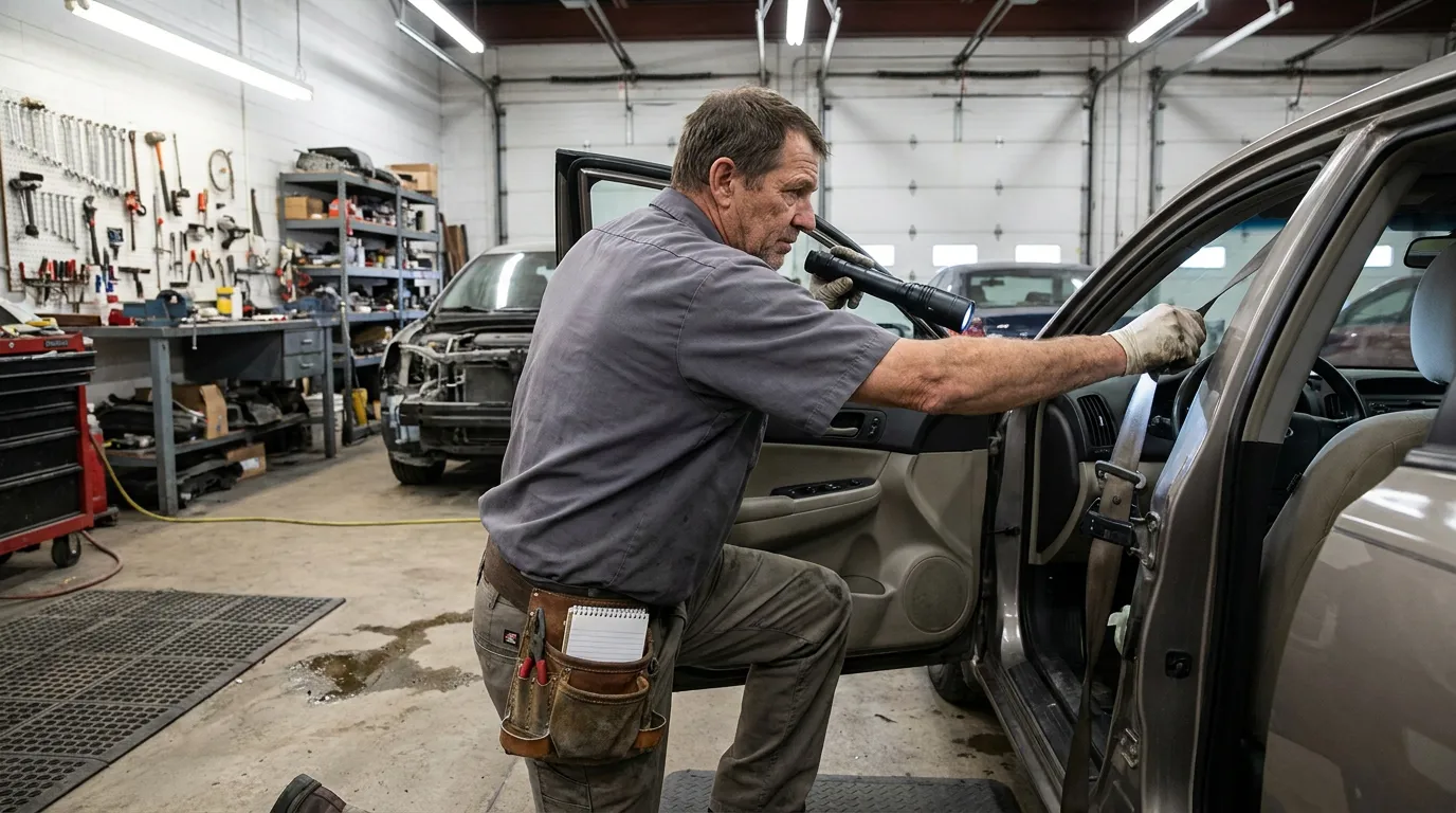 Mechanic Inspecting Seat Belt Illinois Car Accident Mechanic with flashlight inspects vehicle interior inside auto repair garage workshop