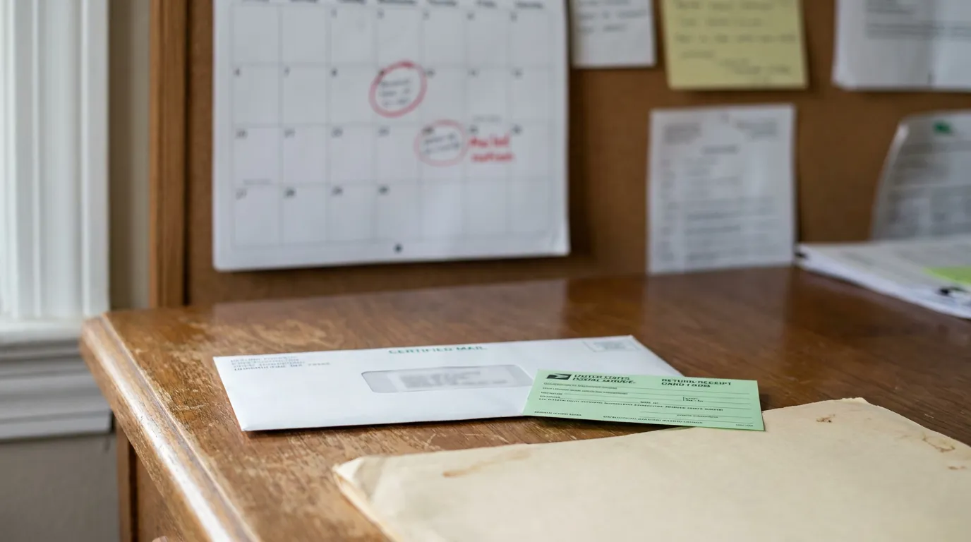 Certified mail envelope with USPS return receipt card beside marked wall calendar