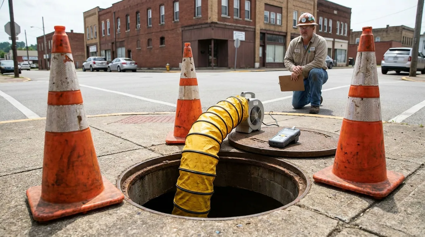Worker with hard hat kneels near open manhole with ventilation hose and traffic cones