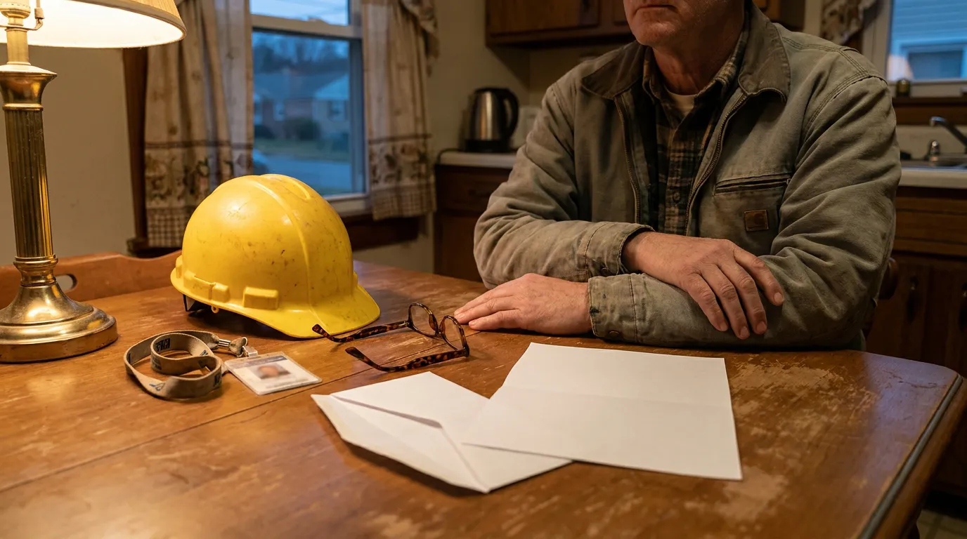 worker at kitchen table with hard hat, ID badge, and paperwork