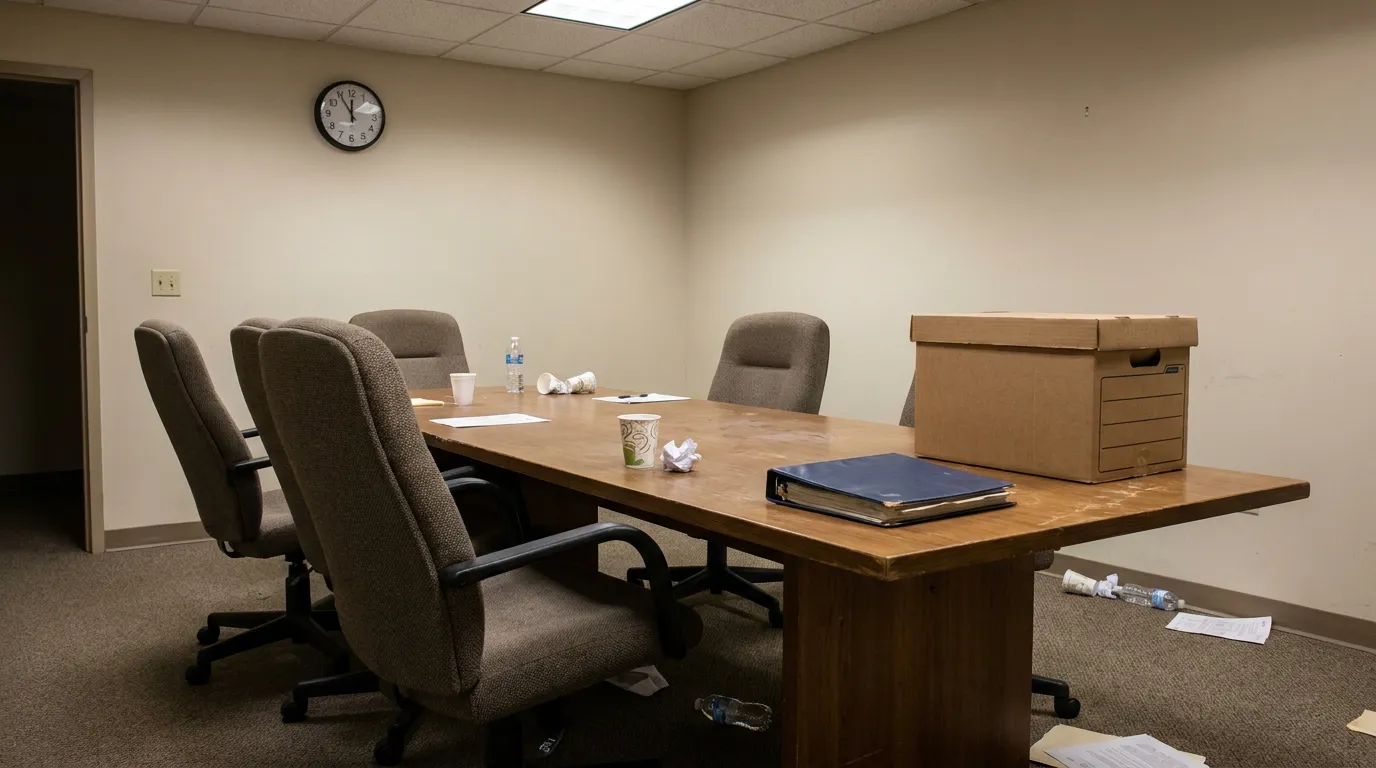 Gwinnett County Jury Deliberation Room Lawrenceville empty conference room table with document storage box and binder