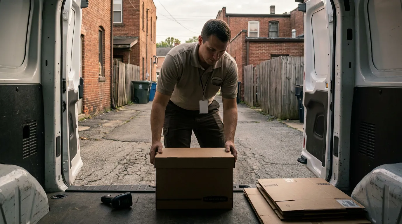 delivery worker loading cardboard file box into van in alley