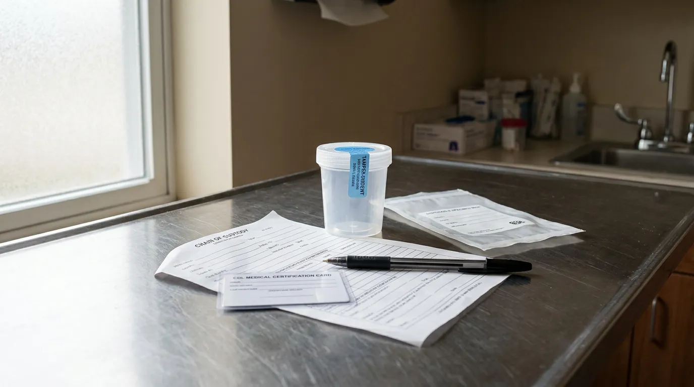 Truck Driver Drug Test Kit Morgantown WV Chain of custody form, specimen cup, and CDL medical certification card on counter