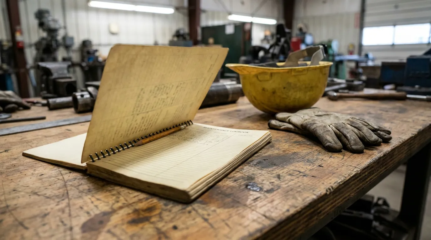 Maintenance logbook, hard hat, and work gloves resting on workshop table