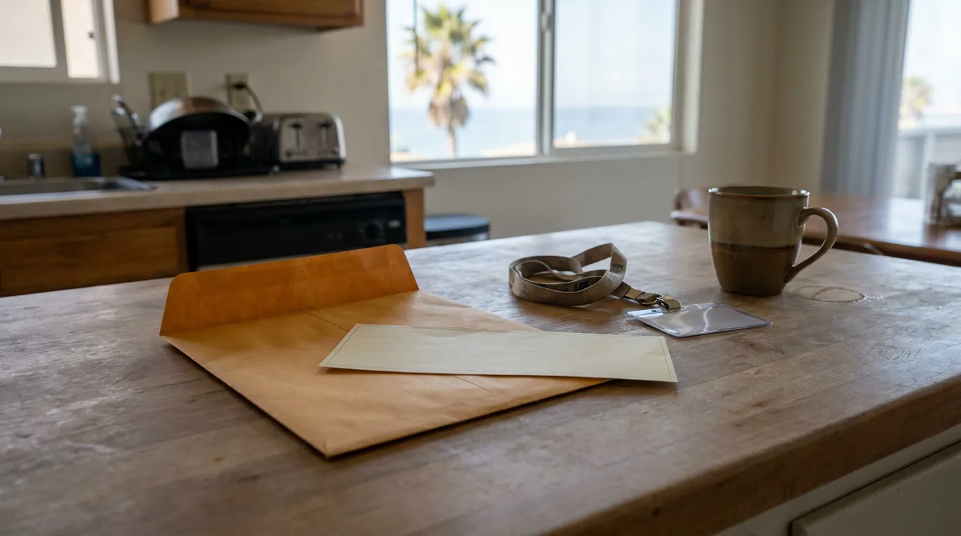 Termination Letter And Badge Redondo Beach Kitchen Manila envelope, lanyard badge, and coffee mug on kitchen counter