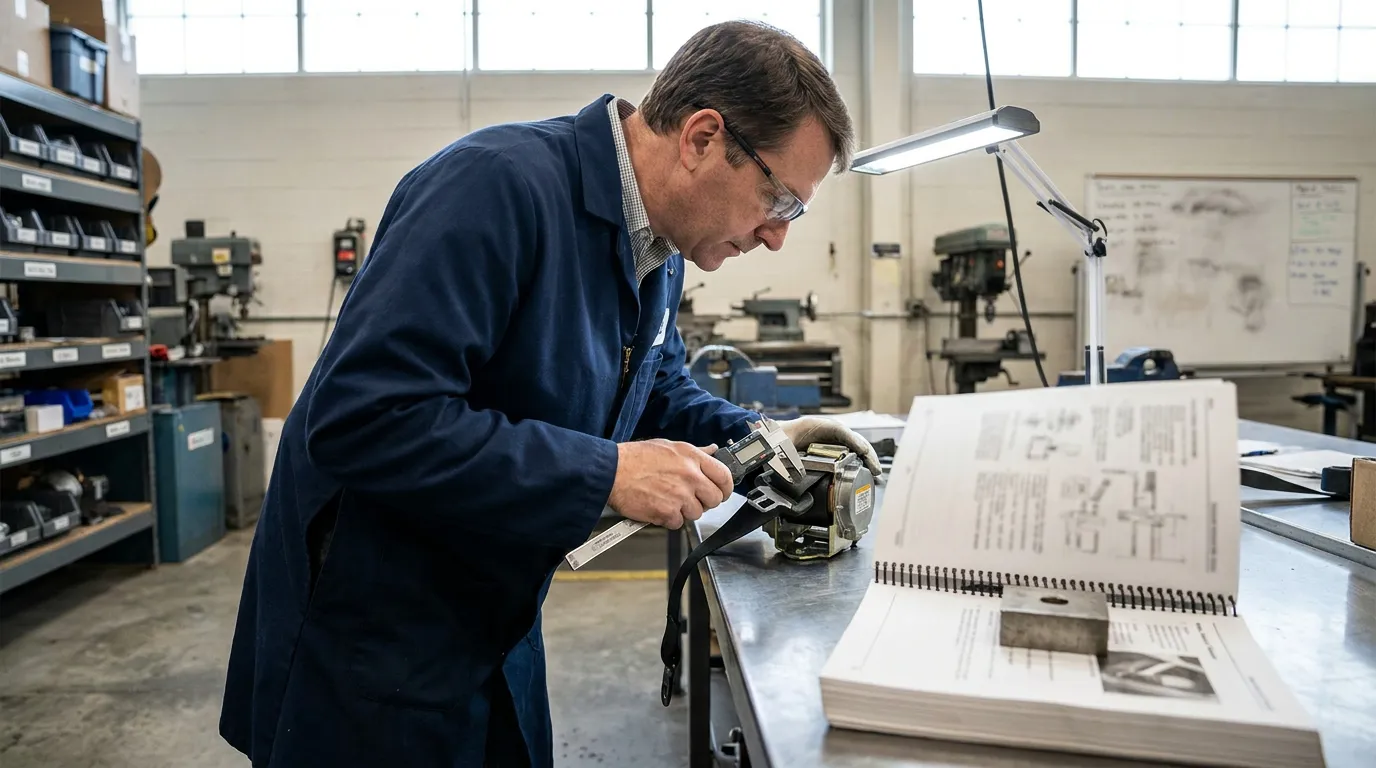 Engineer Analyzing Vehicle Part Design Madison Wisconsin technician measuring machined part with digital caliper beside open technical manual