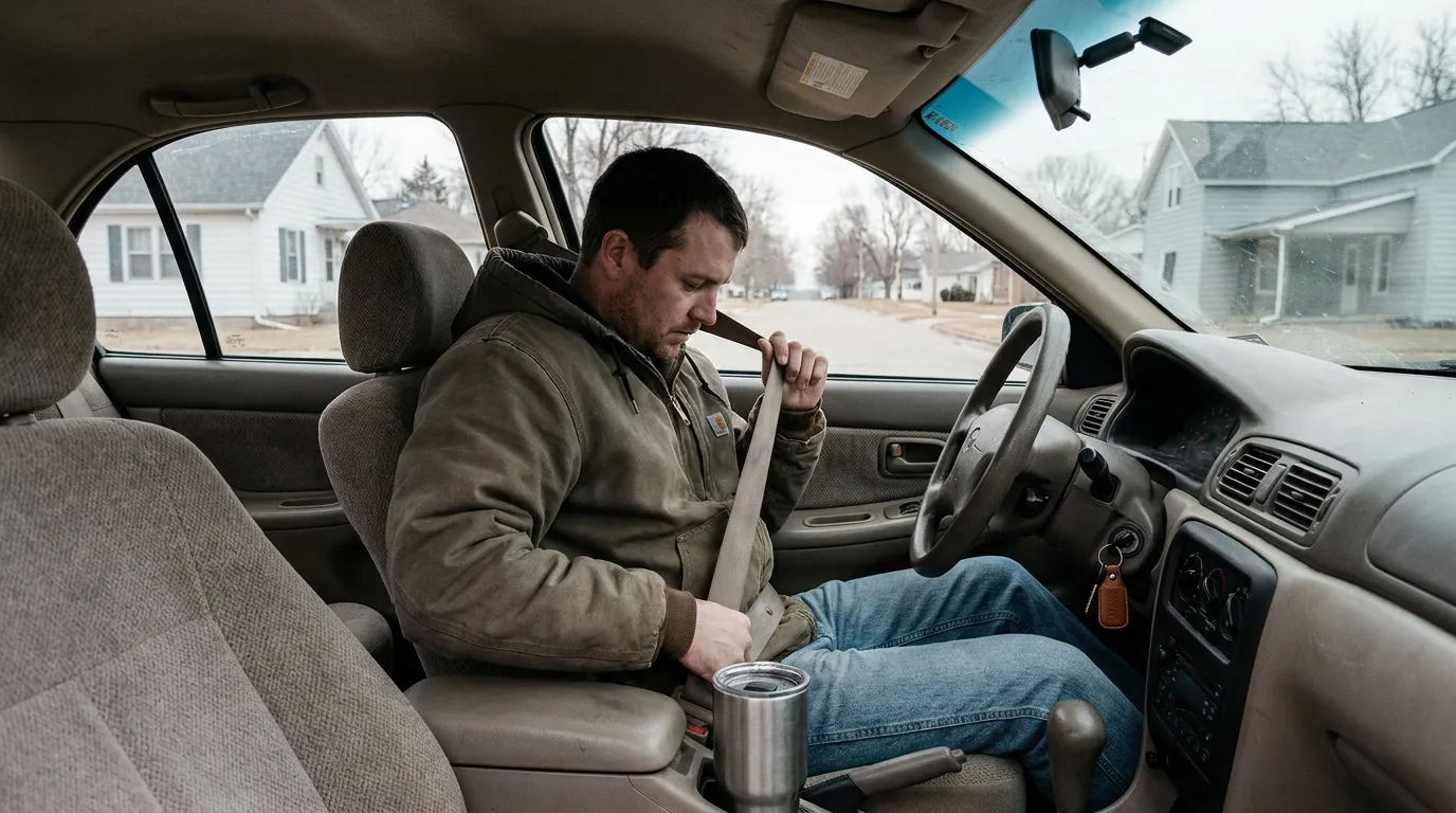 Nebraska Driver Buckling Seat Belt In Car Man fastening seatbelt behind steering wheel before driving down residential street