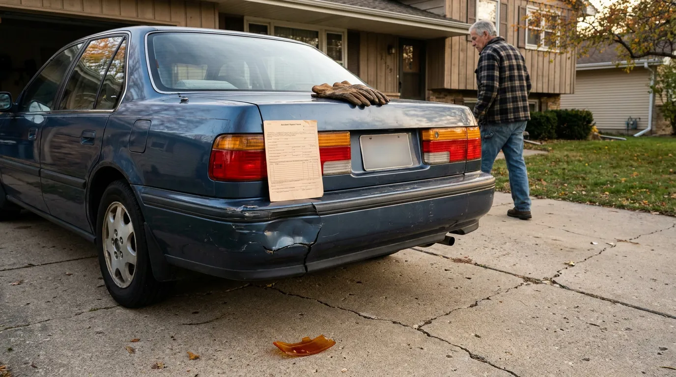 Damaged Car Bumper Accident Report Madison Wisconsin Cracked rear bumper with accident report form on damaged sedan in driveway