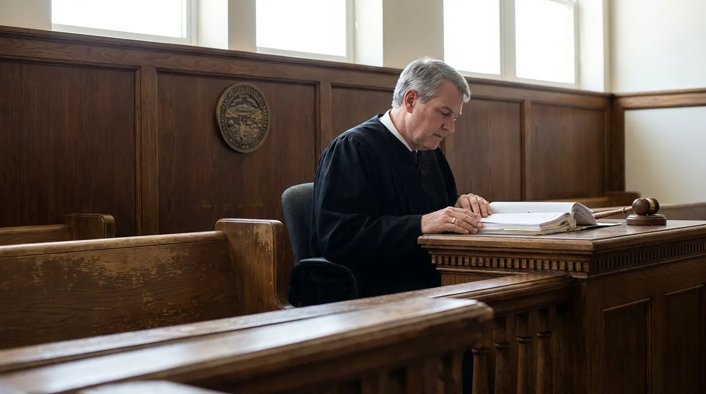 Nebraska County Court Judge Wrongful Death Case Judge in black robe reviewing open law book beside gavel on bench