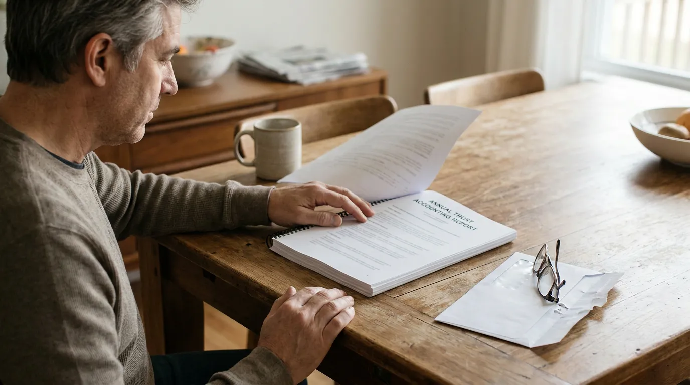 Man reviewing spiral-bound Annual Trust Accounting Report at wooden table