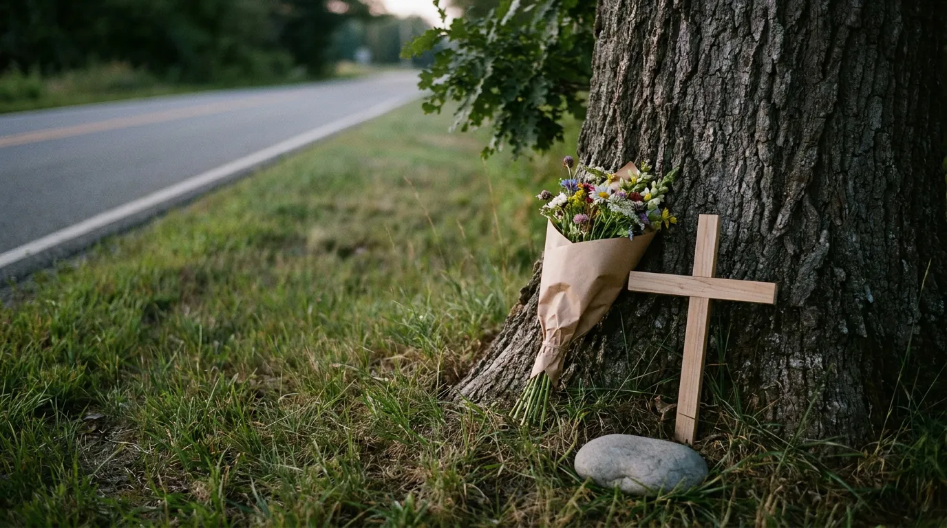 Roadside Memorial Pflaum Road Crash Madison Wooden cross and wildflower bouquet mark roadside memorial beside tree trunk