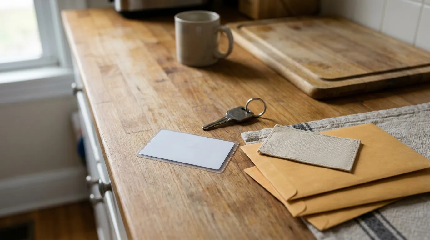 Car Keys And Legal Documents Madison WI Kitchen Counter single key, ID card, and sealed envelopes resting on kitchen counter
