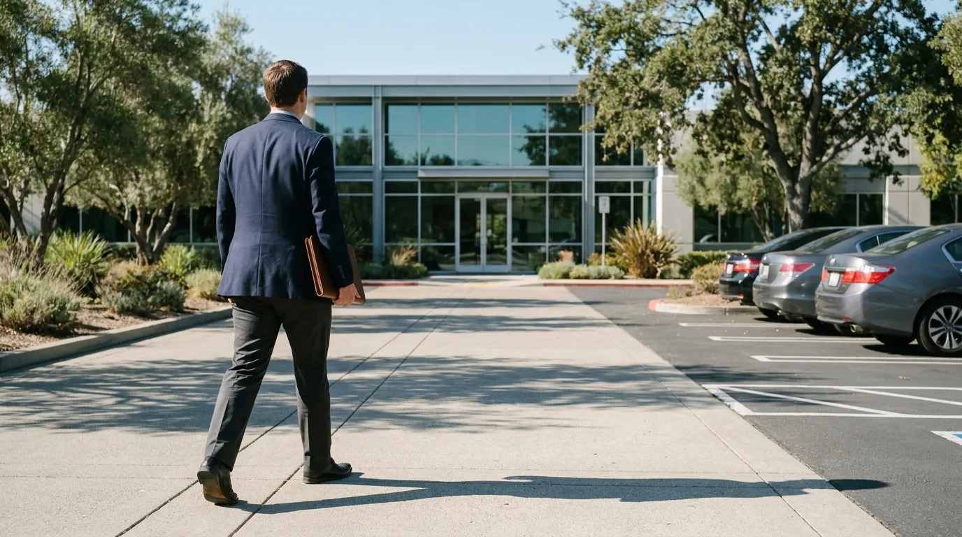 Redondo Beach Employee Seeking New Job Opportunity Man in suit carrying folder walks toward glass office building entrance