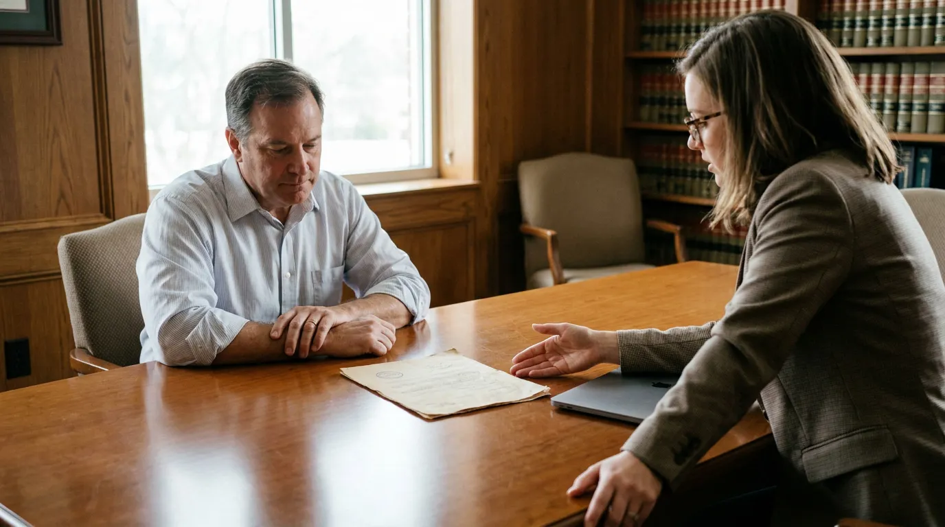 attorney discussing legal document with client at wooden office desk