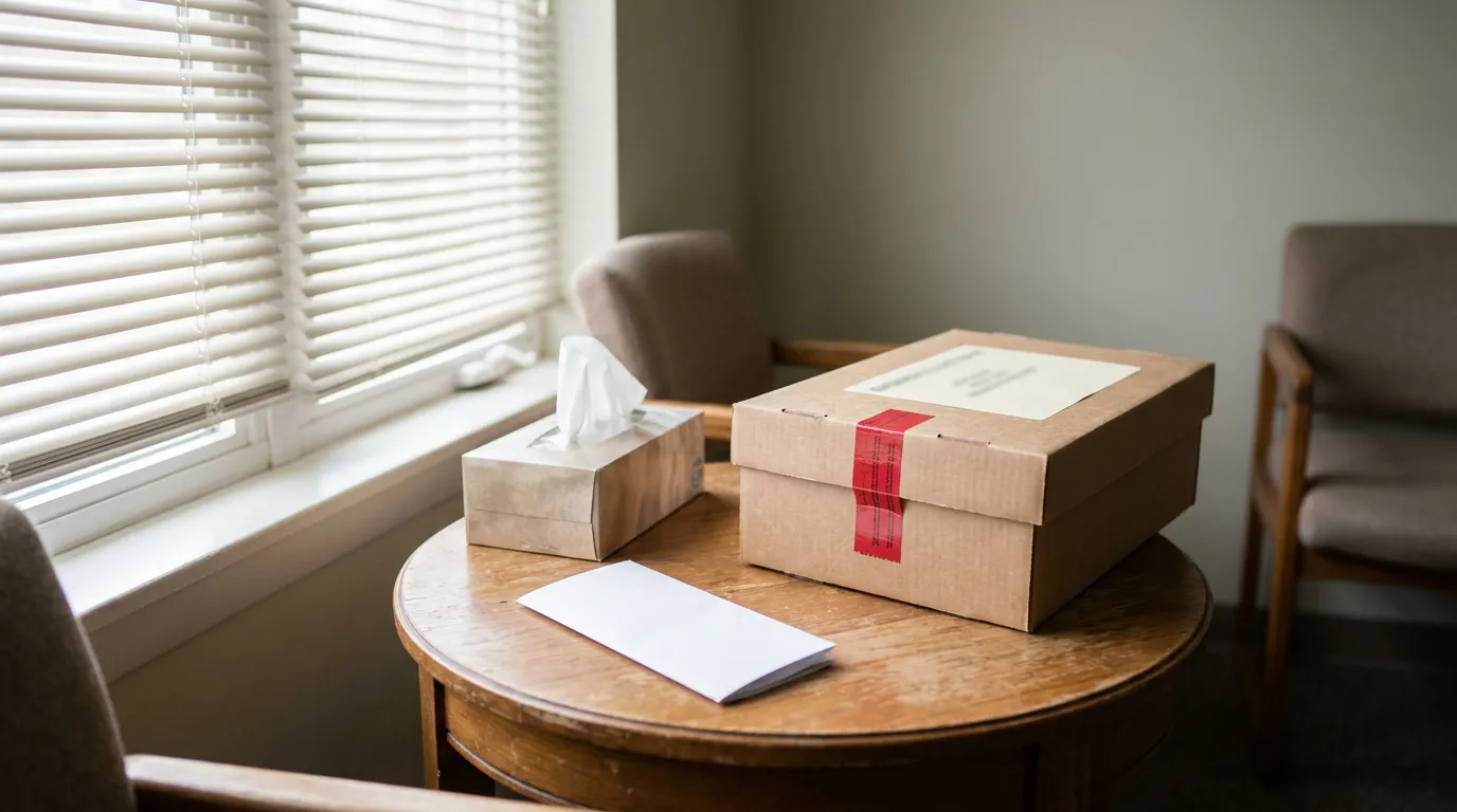 Sexual Assault Forensic Exam Kit Madison Wisconsin labeled cardboard box, tissue box, and envelope on waiting room table
