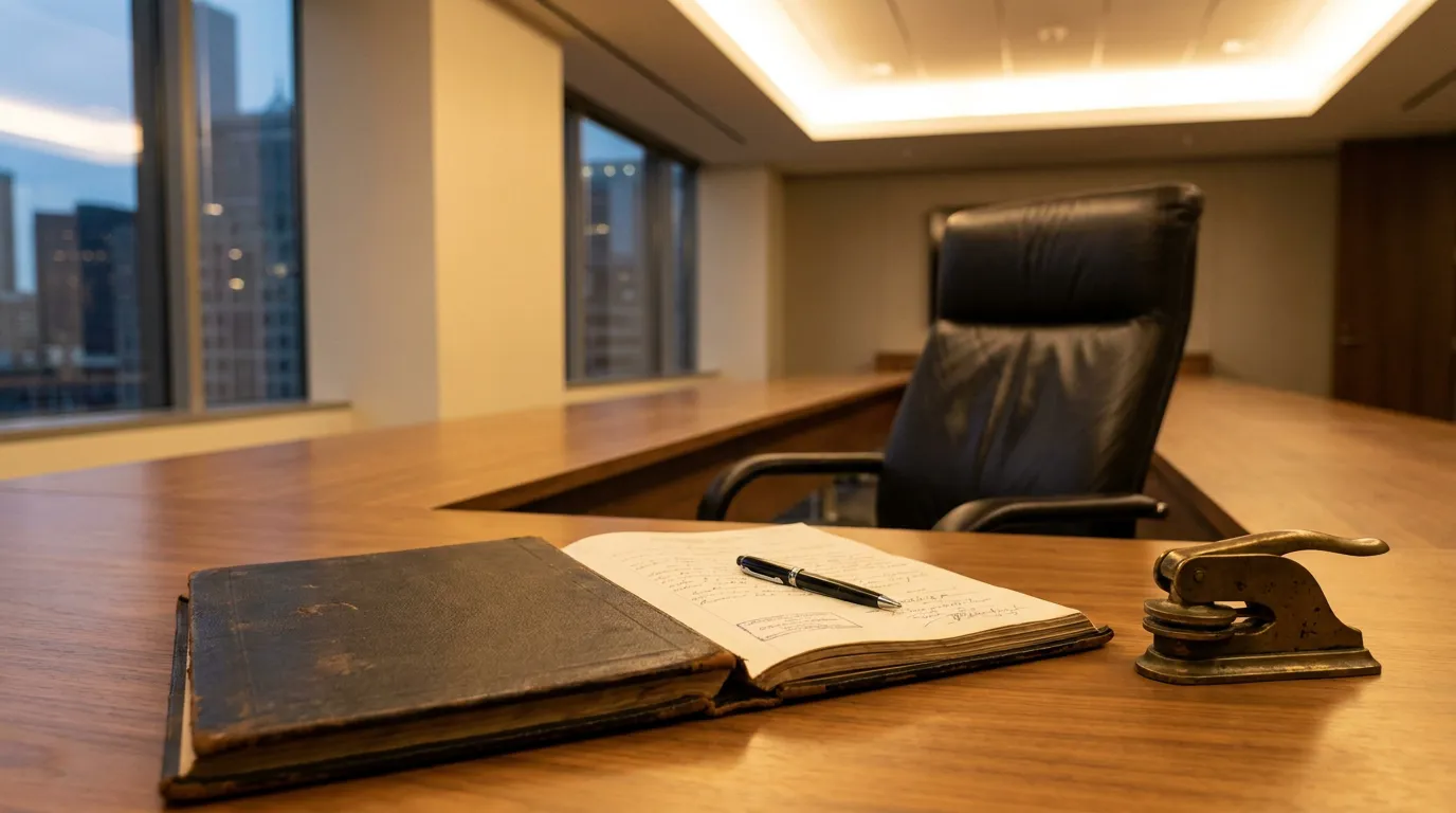 Chicago Boardroom Desk Business Judgment Rule Illinois open ledger book, pen, and notary seal on law office conference table