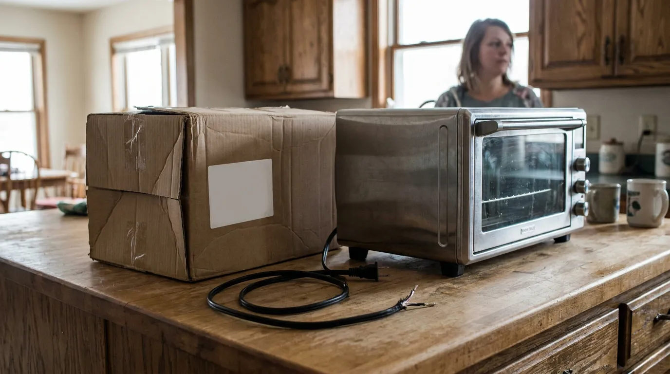 Defective Toaster Oven With Frayed Cord Nebraska Toaster oven with frayed exposed power cord beside damaged shipping box on counter