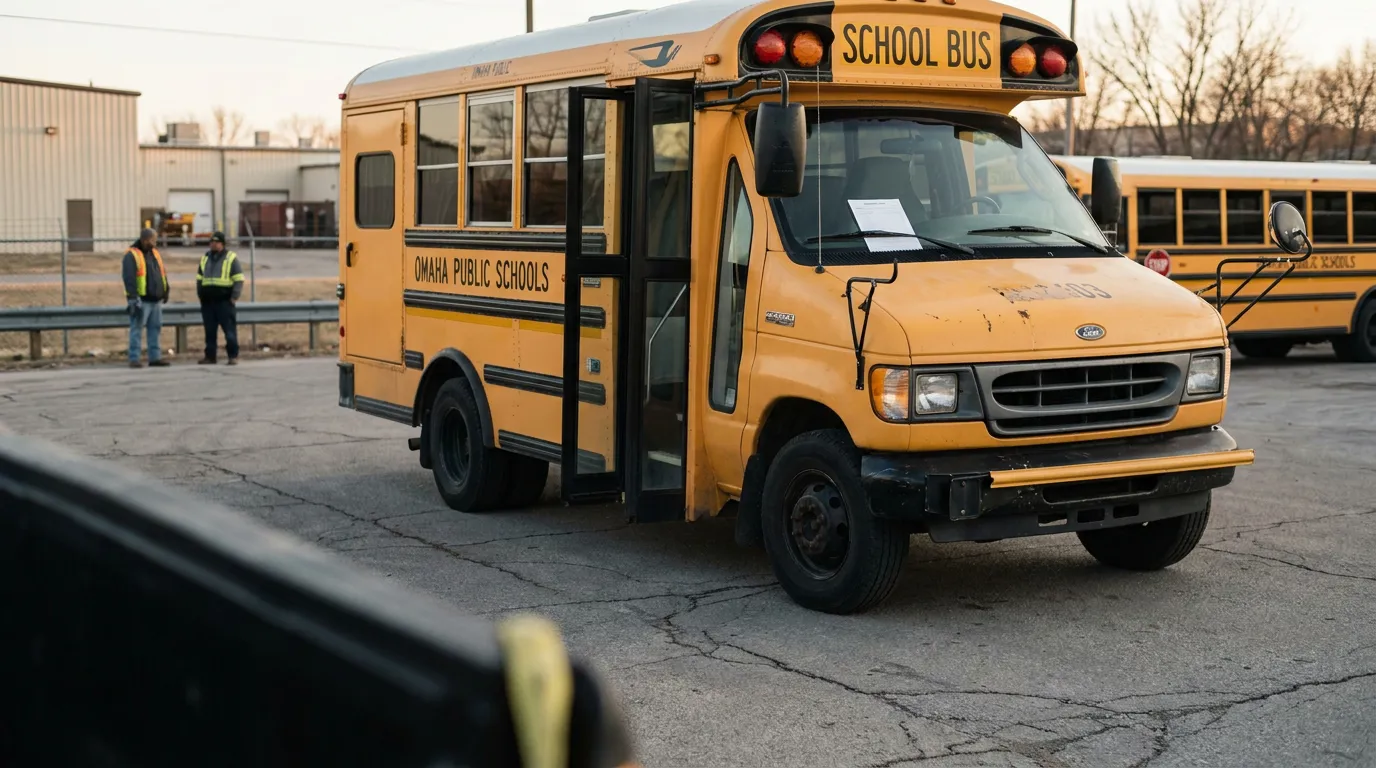 Omaha Public School Bus Government Vehicle Nebraska Omaha Public Schools bus with open door parked in lot with workers