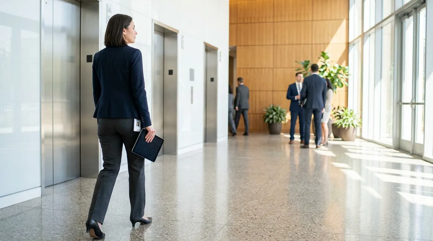 Redondo Beach Office Quid Pro Quo Harassment Claim professional woman with tablet waiting near elevators in corporate office lobby