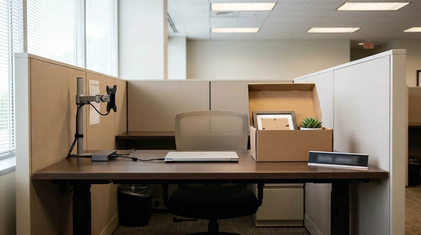 Packed Desk Box Resignation Redondo Beach Office packed cardboard box with frame and plant beside closed laptop at cubicle