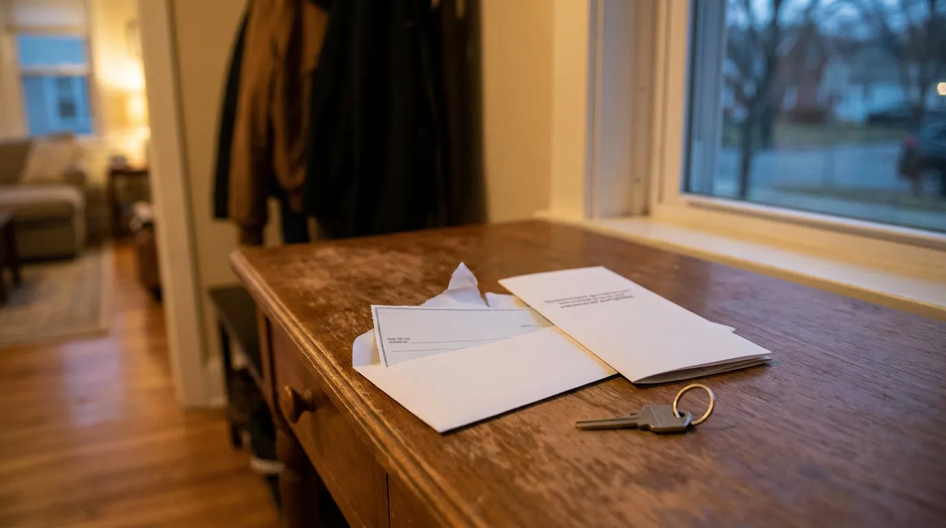 Termination Letter And Keys Redondo Beach Home Opened envelope with letter and house key resting on wooden table