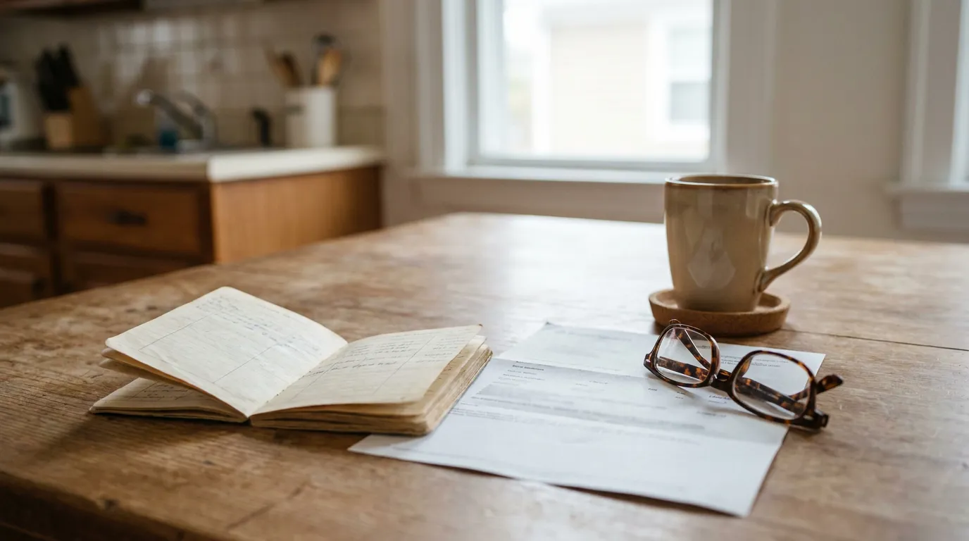 Open notebook, eyeglasses, and printed documents beside coffee mug on wooden table