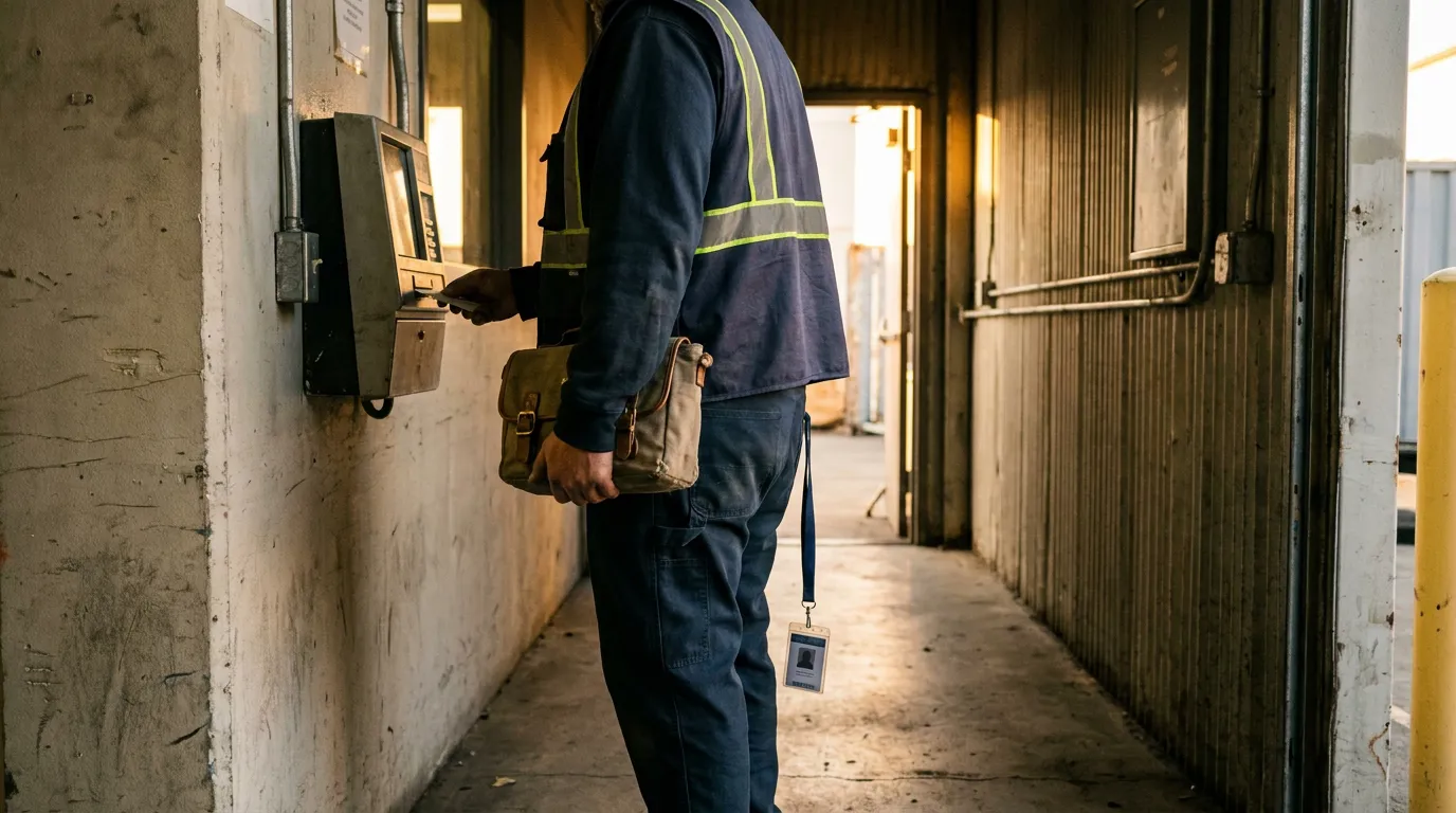 California Worker Clocking In Time Clock Worker in safety vest operating time clock device inside industrial corridor