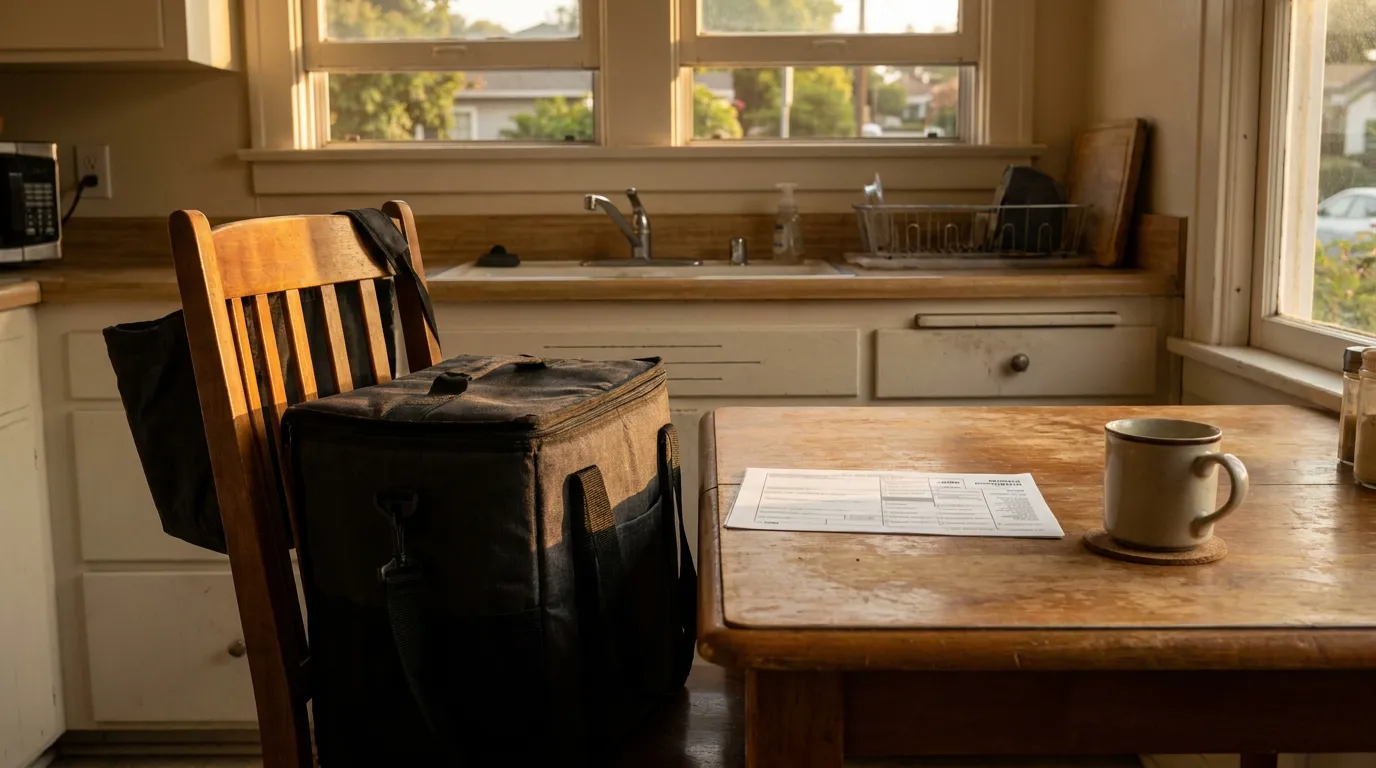 Printed form and coffee mug on kitchen table beside delivery bag