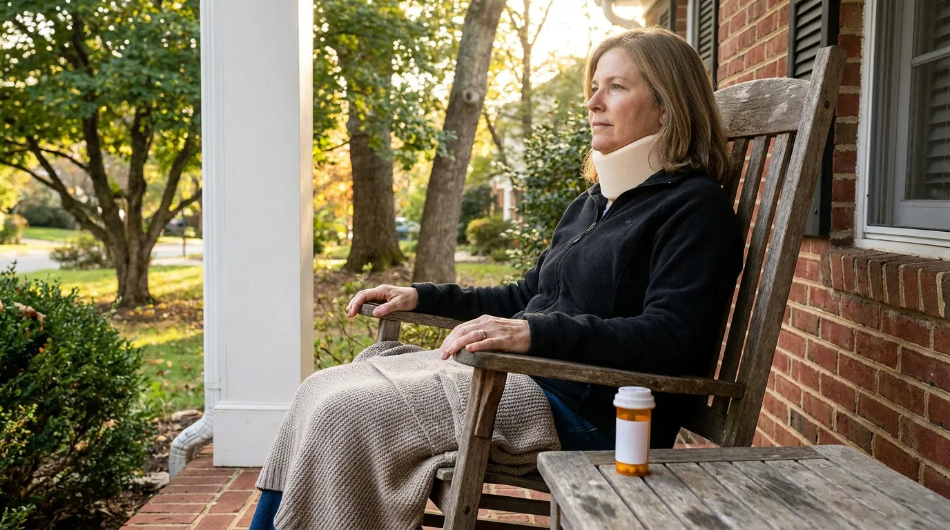 Woman wearing neck brace sits on porch beside prescription medication bottle