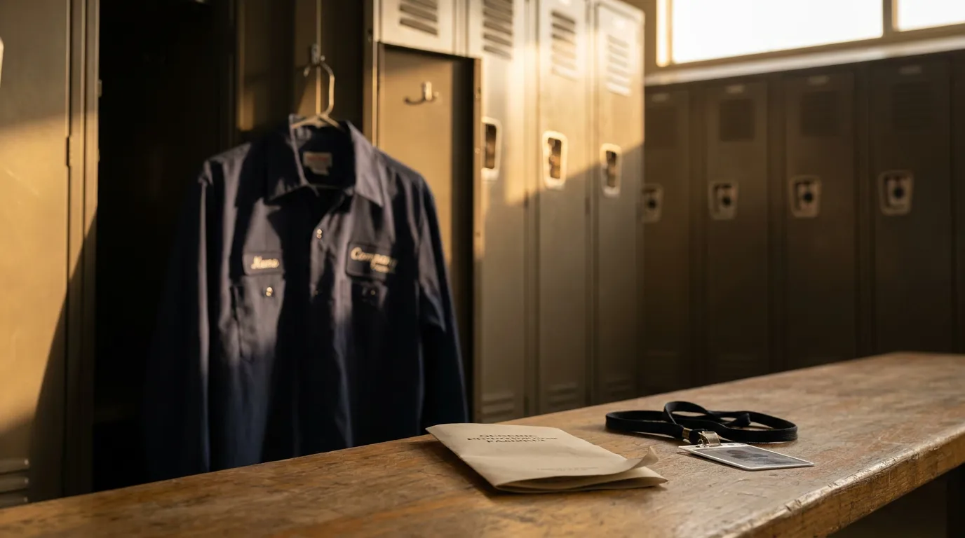 Work uniform shirt hanging near lockers beside employee ID badge and envelope