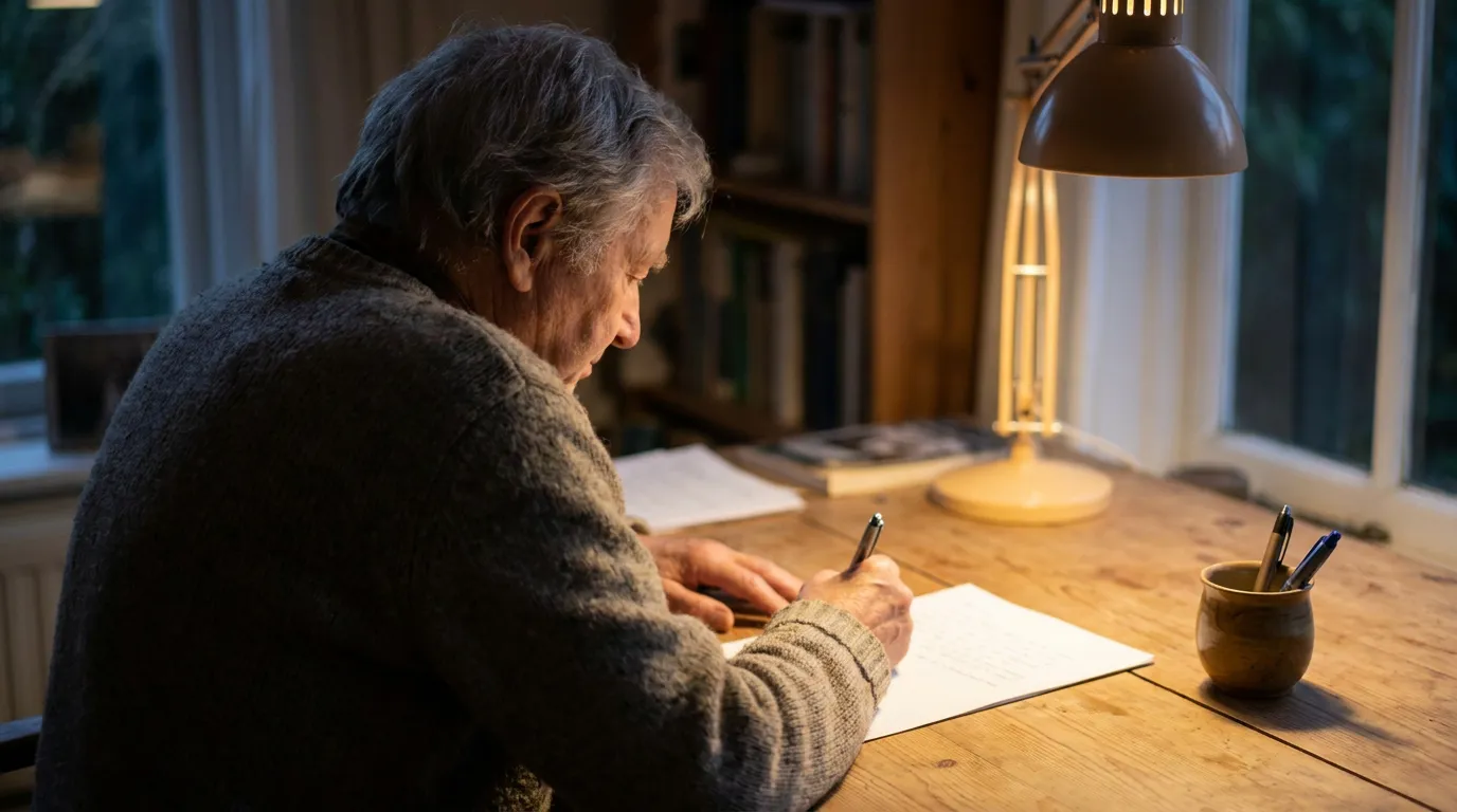 elderly man handwriting document at wooden desk under lamp light