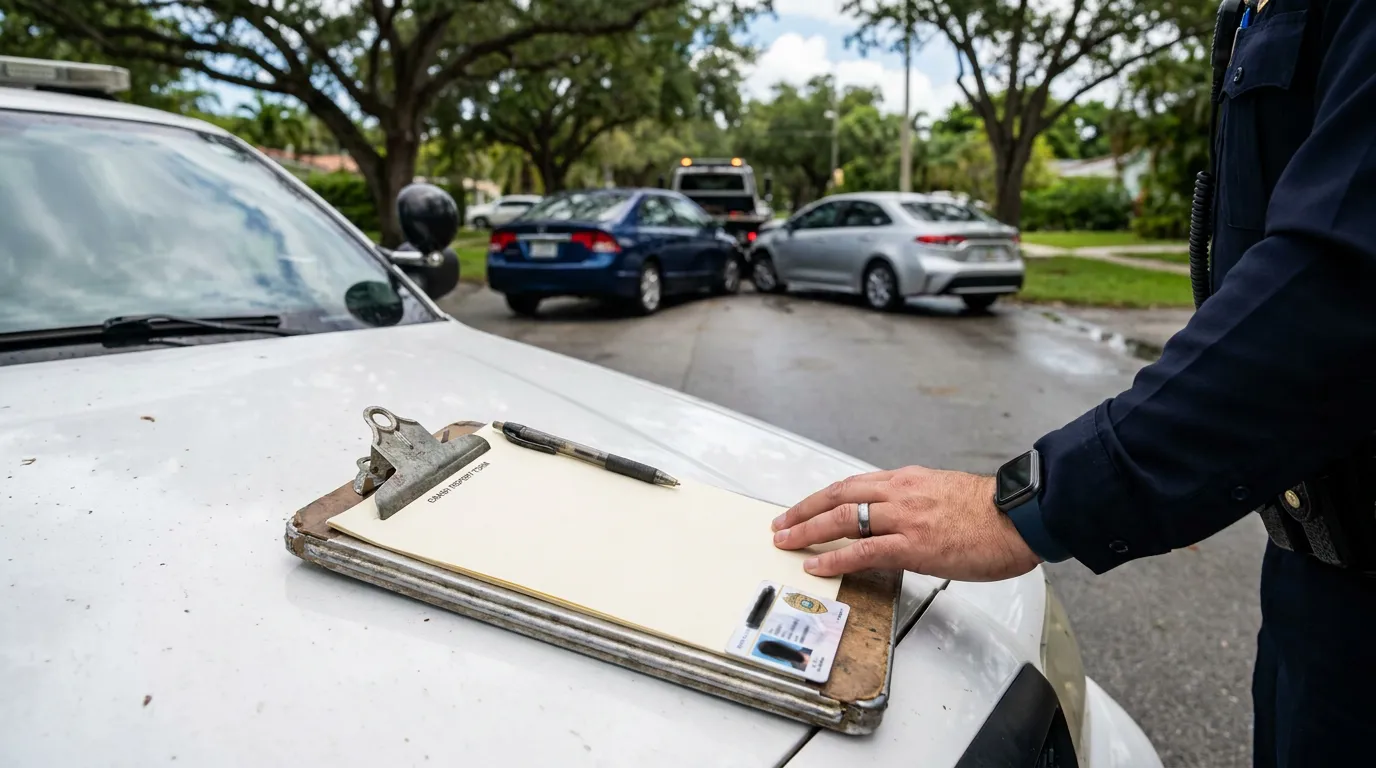 Officer's clipboard with crash report form rests on patrol car hood near collision