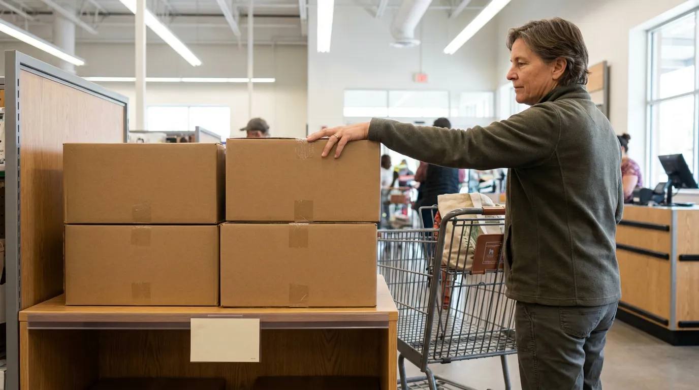 Woman stacking sealed cardboard boxes beside shopping cart in retail store