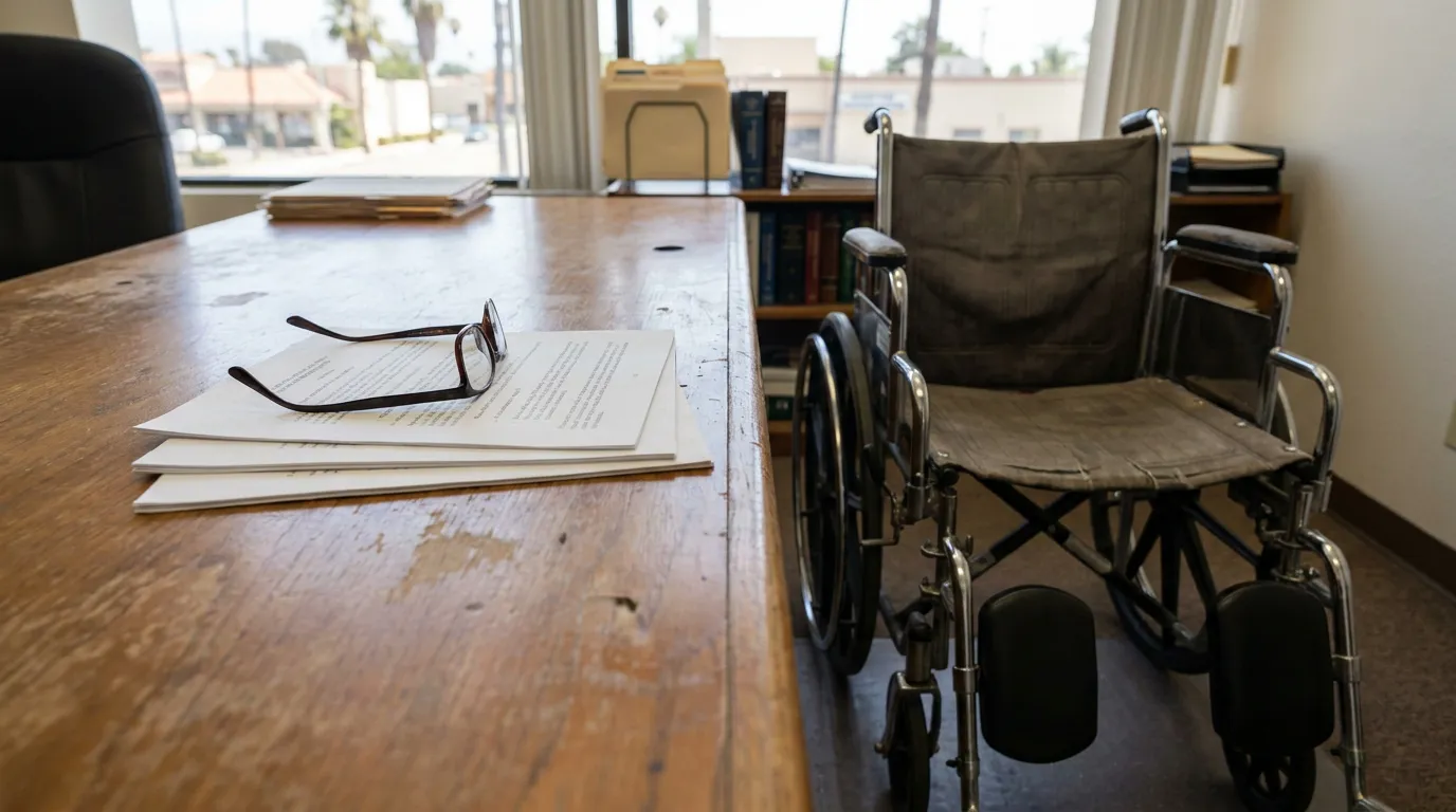 Empty wheelchair beside office desk with eyeglasses resting on legal documents